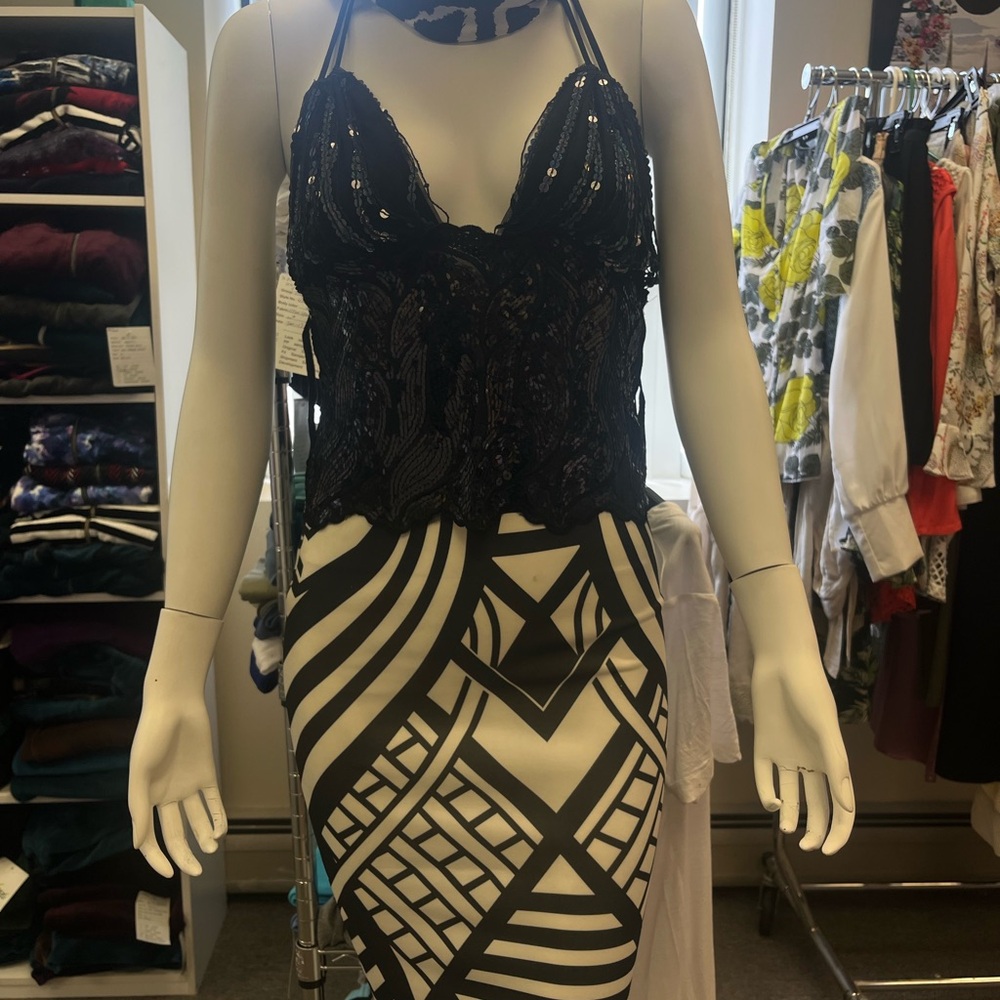Black Lace Top and Geometric Skirt Set
